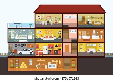 Large Detailed Modern House Interior Cutaway. House building interior plan with the garage. Home with kitchen and bathroom, bedroom and living room. Vector flat illustration