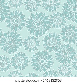 Large detailed monochromatic sunflowers on a blue background. Seamless repeated surface vector pattern design.