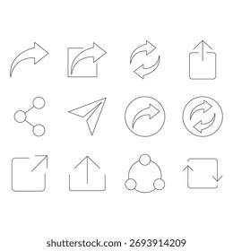 A large, detailed set of linear vector icons covering all types of arrow actions, including sharing, rotating, uploading, and downloading symbols.