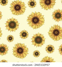 Grandes girasoles detallados sobre un fondo amarillo pastel. Diseño de patrón de Vector superficial repetido sin costuras.