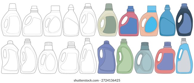 Large detergent bottle illustration set featuring outline and full color versions with various modern bottle shapes and label areas. Perfect for packaging design mockups, household cleaning product branding, instructional diagrams, marketing presentations, and product visualization needs.