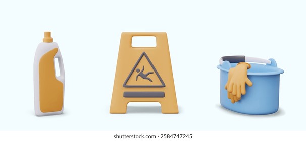 Large detergent bottle, slippery floor warning sign, plastic bucket with rubber gloves. Set of colored elements for wet cleaning concepts. Icons for store