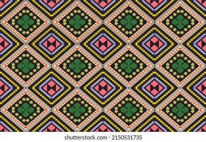 Large diamond forms, outline rhombuses, stars, and curved squares are all featured in this raster geometric design. This seamless texture is abstract and modern. The background is made up of a black