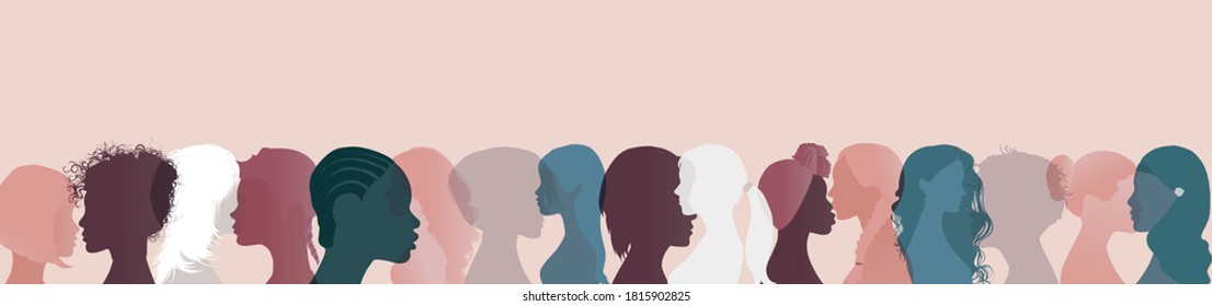 Large different nationalities group of women and girls. Face silhouette profile.Talk and share information Community and social network female diversity. Communication and friendship