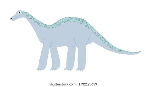 Large dinosaur drawn by hand. Big reptile. Funny adorable titanosaur. Isolated on white background.Fun design for print, shirt, poster. Flat style drawing. Stock vector illustration.