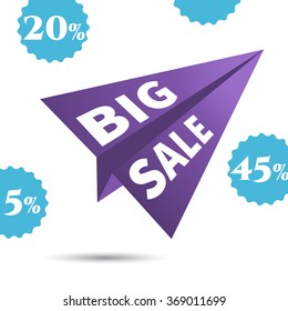 Large Discounts, big sale, vector airplane in the sky. design poster. Discount web banner template. Up to 50% off.  isolated on white background.