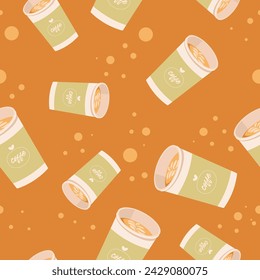 Large disposable coffee cup take away. Seamless pattern background. Vector illustration in flat style.