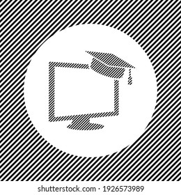 A large distance learning symbol in the center as a hatch of black lines on a white circle. Interlaced effect. Seamless pattern with striped black and white diagonal slanted lines