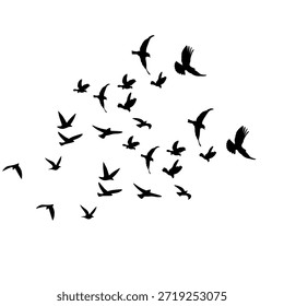 Un grupo Grande y diverso de pájaros que vuelan juntos en una densa bandada. Intrincadas siluetas de Vector negro de aves silvestres en movimiento, que capturan la esencia de la migración y la libertad natural.
