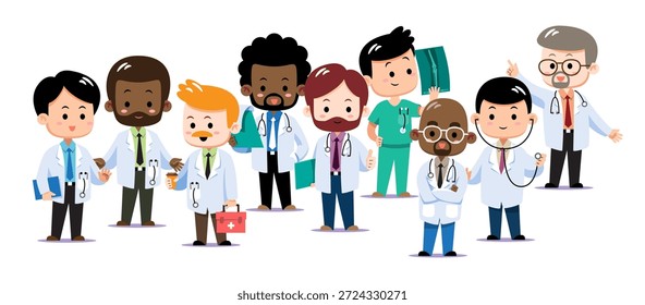 Grande grupo diversificado de médicos e cirurgiões de desenhos animados fofos. Equipe médica multicultural em casacos brancos e esfoliantes com equipamentos. Ilustração inclusiva do vetor da saúde