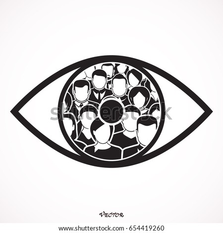 Large and diverse group of people  gathered together in the shape of an eye 