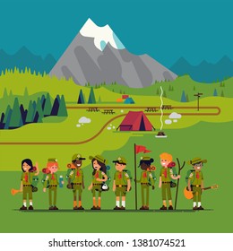 Large diverse group of scout kids characters standing in the mountains with tent camp on background. Mountain summer camp. Hiking activities in summer vacation for kids, flat vector illustration