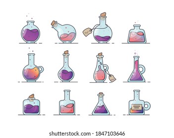 A large, diverse set of bottles of various shapes for liquids. Magic bottle with elixir, potion, poison, etc. Game design