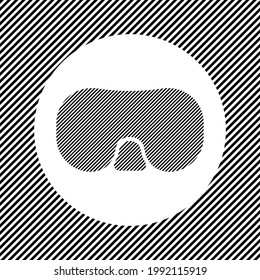A large diving goggles symbol in the center as a hatch of black lines on a white circle. Interlaced effect. Seamless pattern with striped black and white diagonal slanted lines