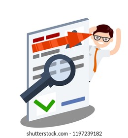 Large document file. Joyful office worker and a form of employment. The applicant for the position. Red arrow and magnifying glass.
