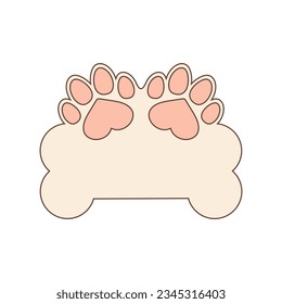 Large dog bone and small pink dog paw prints. Vector design template. Isolated on blank white background.
