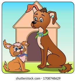 A large dog and a small dog are sitting near the house.Coloring book.Animal characters for children.