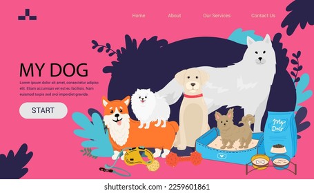 large dogs border set, front view spitz, french mastiff, labrador banner for landing page with goods for dogs