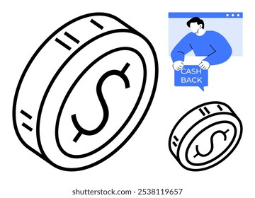 Large dollar coin symbol alongside a person in blue confirming a cashback notification through a digital message. Ideal for finance digital rewards cashback savings online shopping