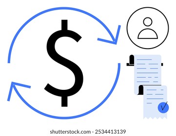 Large dollar sign with arrows rotating around it. To the right, a person icon and rolled receipts indicate financial transactions. Ideal for business management, finance tracking, financial services