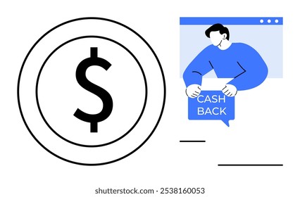 Grande sinal de dólar ao lado de uma pessoa segurando uma bolha de discurso de cash back Ideal para serviços financeiros, promoções de negócios compras on-line recompensa a lealdade do cliente e campanhas de marketing digital Moderno