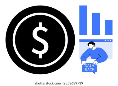 Large dollar sign beside person holding cash back card and bar graphs, suggesting financial concepts, growth measurement, personal finance, cash back, savings, and investment opportunities. Ideal for