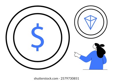 Large dollar sign in a circle, diamond symbol in another circle, person pointing at them. Ideal for financial growth, savings, investment, wealth management, and economic education. Minimalist vector