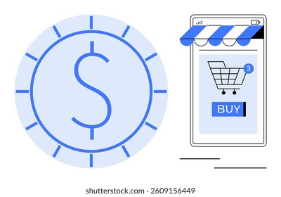 A large dollar sign in a circle next to a smartphone screen displaying a shopping cart and buy button. Ideal for online shopping, e-commerce, digital marketing, mobile commerce, economic