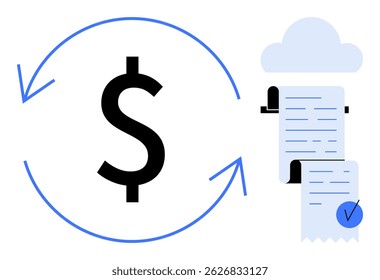 Großes Dollarzeichen mit kreisförmigen Pfeilen, die Finanztransaktionen darstellen. Ein blaues Häkchen auf Quittungen zeigt eine Verifizierung an. Ideal für Finanzen, Transaktionen, Fakturierung, Cloud-Speicher