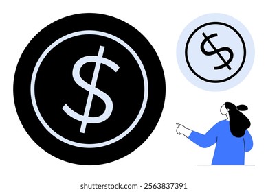 Large dollar sign coin next to smaller coin and person pointing at them. Ideal for finance, economy, banking, currency, and investment themes. Simple geometric shapes. Minimalistic style