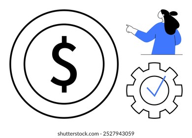 Sinal de cifrão grande circulado, caractere em azul apontando para a direita, engrenagem engrenada com uma marca de seleção azul dentro. Ideal para negócios, finanças, produtividade, sucesso, investimento. Estilo moderno simples
