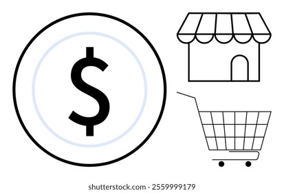 A large dollar sign inside a circle next to a storefront and a shopping cart outline. Ideal for retail, shopping, e-commerce, finance, and business themes. Simple line art style complements various