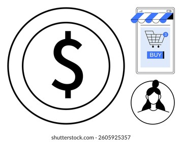Large dollar sign inside a circle positioned next to a smartphone screen displaying an online shopping cart and Buy button, accompanied by a woman avatar in a circle. Ideal for e-commerce, finance