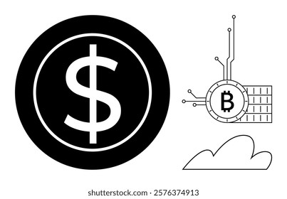 Large dollar sign next to Bitcoin symbol connected with circuitry lines and a cloud. Ideal for financial technology, cryptocurrency, digital economy, blockchain, investment. Clean minimalistic style
