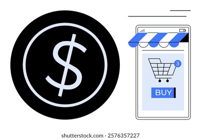A large dollar sign next to a mobile device shows an online shopping cart with a blue buy button and three items. Ideal for ecommerce, mobile shopping, financial transactions, digital marketing
