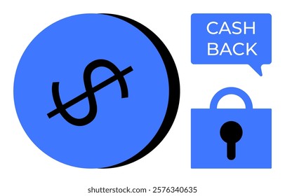 Large dollar sign, speech bubble with Cash Back text, and security lock on right. Ideal for finance, banking, savings, rewards programs, online security. Simplistic and modern style