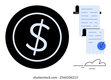 Large dollar sign within a black circle plus a checklist with a blue checkmark. Ideal for financial, business, accounting, budgeting, savings, and investment themes. Minimalist modern flat style