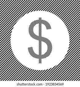 A large dollar symbol in the center as a hatch of black lines on a white circle. Interlaced effect. Seamless pattern with striped black and white diagonal slanted lines