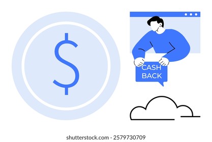 Large dollar symbol to the left. Man on computer screen holding cash back sign in upper right. Cloud shape in lower right. Ideal for financial services, online transactions, cash back offers, cloud