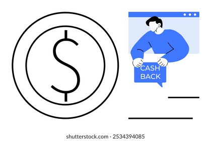 Grande símbolo de dólar y persona dentro de la ventana del navegador que sostiene el signo de devolución de dinero en efectivo. Ideal para finanzas, compras en línea, programas de recompensas, comercio electrónico, interfaz de usuario. Estilo de Vector minimalista con azul