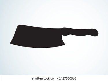 Large domestic metal hatchet on white board backdrop. Dark ink hand drawn home ware object logotype badge insignia emblem in retro art contour engraved print style. Closeup side view on space for text