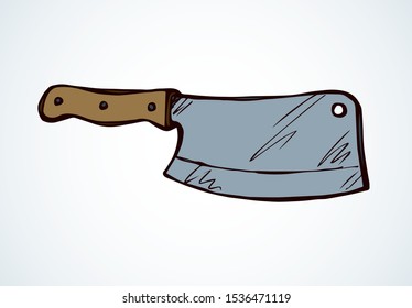 Large domestic metal hatchet on white board backdrop. Outline black ink hand drawn home ware object logo badge emblem sketchy in retro art doodle engraved style. Closeup side view on space for text