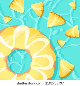 A large donut floats with pineapple slices on a background of blue water. Hot summer vector illustration with juicy and sweet donut