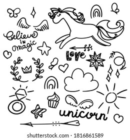 Large Doodle set with unicorn, hearts, arrows and lettering phrases. Wings of angels and butterflies with clouds. Black hand drow the line