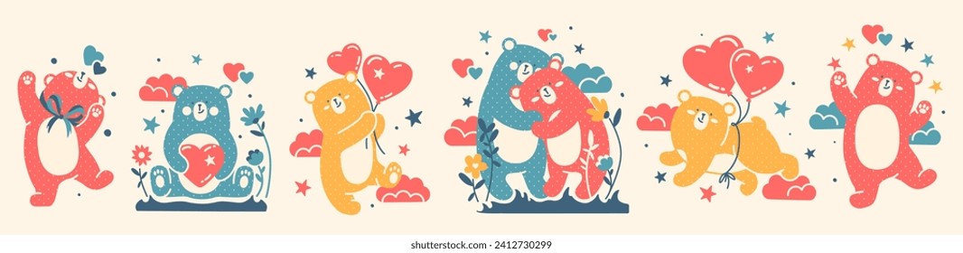 Large Doodle vector collection of funny, cute bears and hearts. Love, happiness concept for Valentine's Day, 14 February. Naive flat illustration. Hand drawn Scandinavian style.