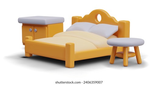 Large double bed with shaped headboard, bedside table, round coffee table. Cute vector composition in cartoon style. Advertising poster for furniture store, interior designer