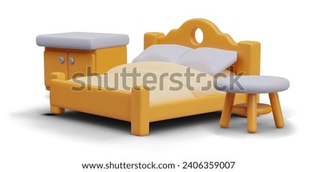 Large double bed with shaped headboard, bedside table, round coffee table. Cute vector composition in cartoon style. Advertising poster for furniture store, interior designer