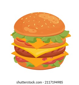 Large double tasty fast food hamburger. Delicious huge street takeaway burger cartoon vector illustration