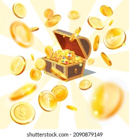 Gran baza con símbolo de dólar. Caja con monedas como símbolo de riqueza y éxito. Contenedor con dinero aislado en fondo blanco. Ingresos y altos ingresos en efectivo. Las monedas en dólares caen en el pecho