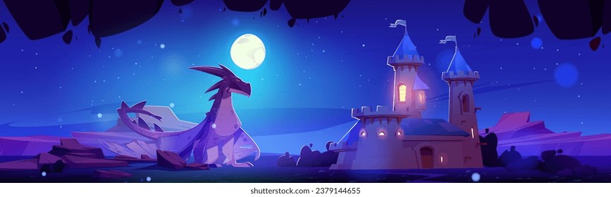 Large dragon sits near medieval castle at night under moonlight. Fantasy dangerous animal with wings and tail beside royal palace at dusk. Cartoon vector fairy tale landscape with kingdom and creature